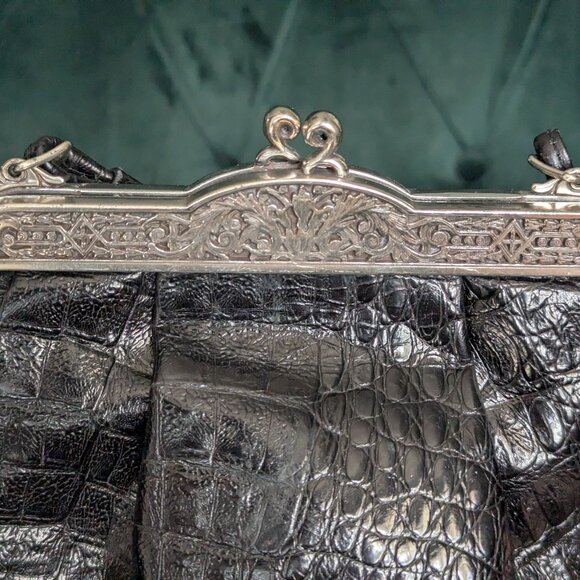 Vintage Brighton 1980s Black Croc print Leather Small Evening Crossbody Purse - Picture 7 of 8